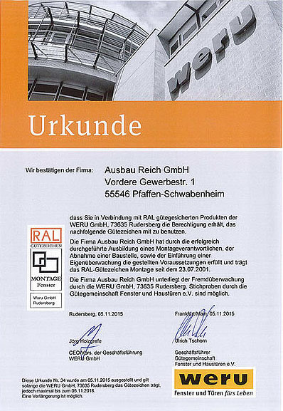 Fensterbau Fachunternehmen in Bad Kreuznach mit WERU Zertifizierung - Ausbau Reich